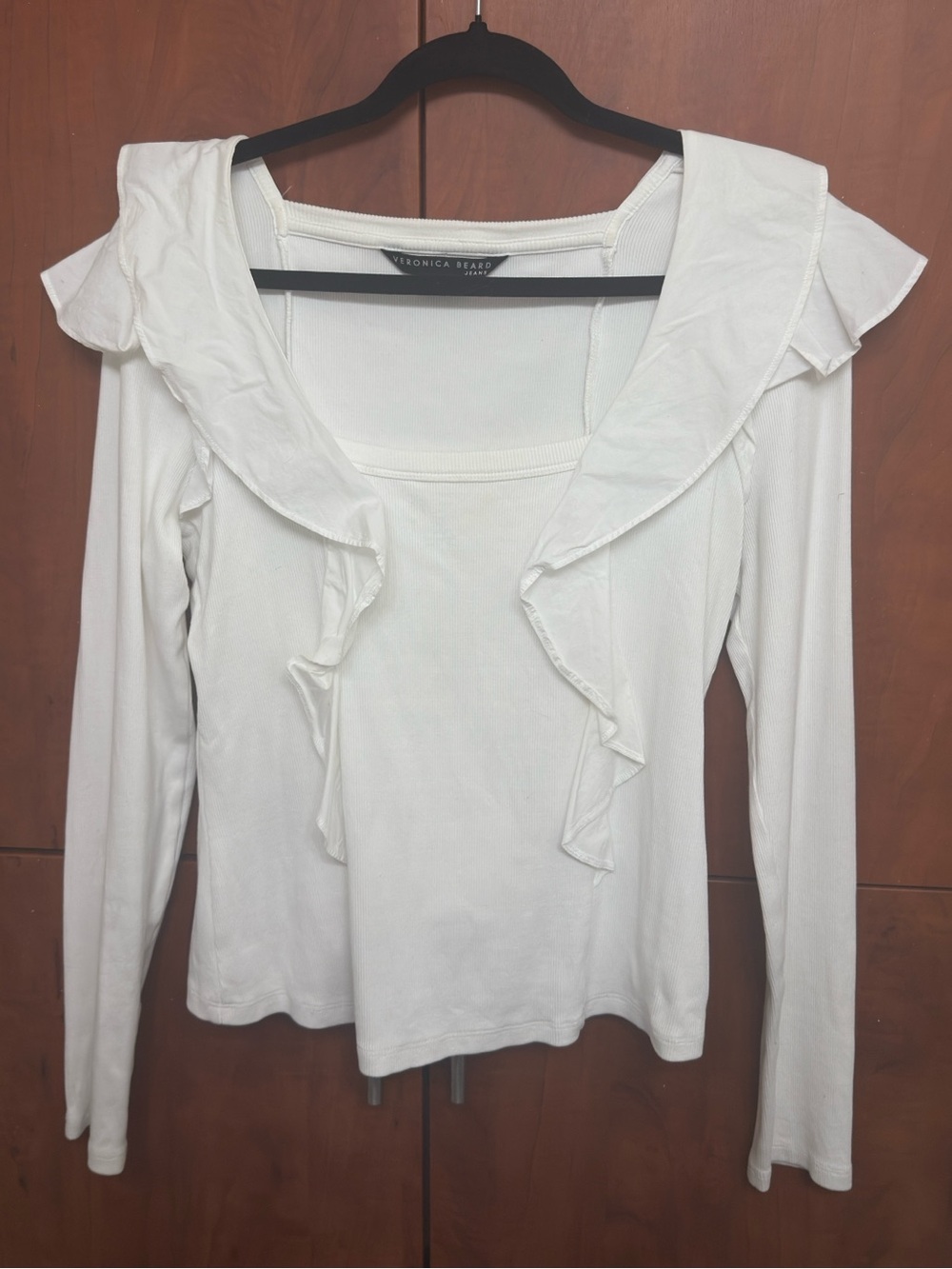 Veronica Beard Jeans Cream Ruffle-Trim Long Sleeve Top